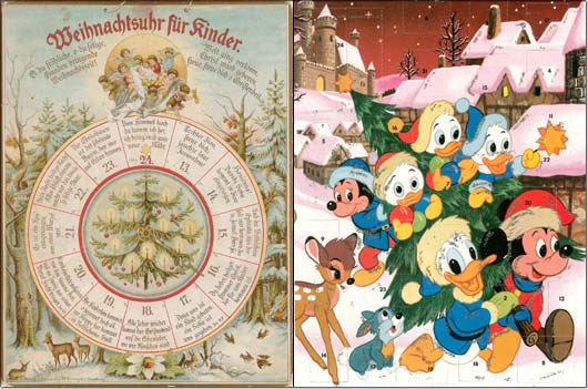 Weihnachtsuhr 1902 (links) und Mickey Mouse-Kalender 1975